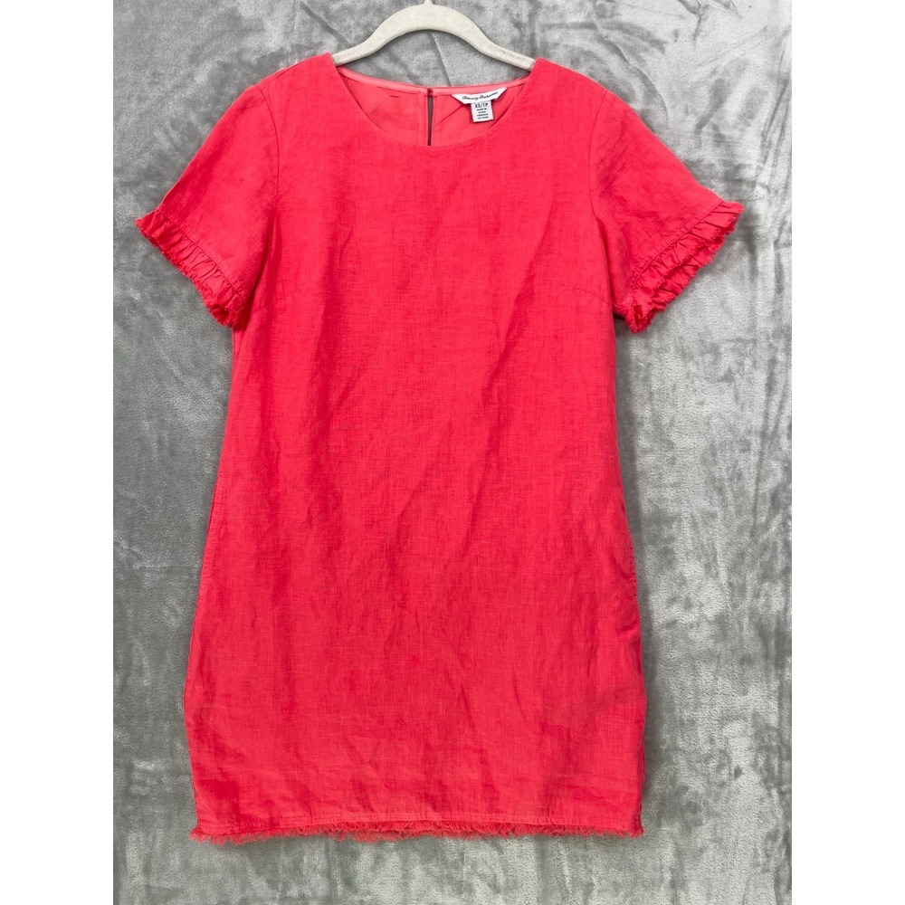 Tommy Bahama 100% Linen Mini Dress Womens XS Lined Pockets Red Fringe Hem Resort